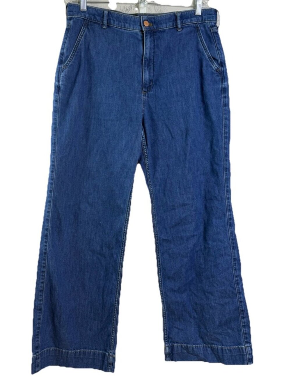 J. Crew Sz 31 (Actual 34x27)  Wide Leg Trouser Style Blue Jeans Cotton/Poly GUC